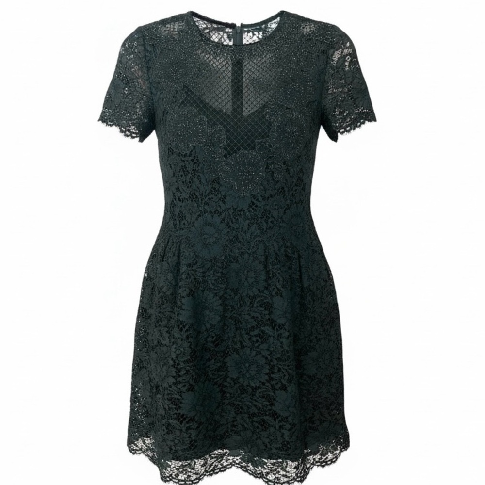 Valentino Green Floral Lace Bead Embellished Short Sleeve Dress